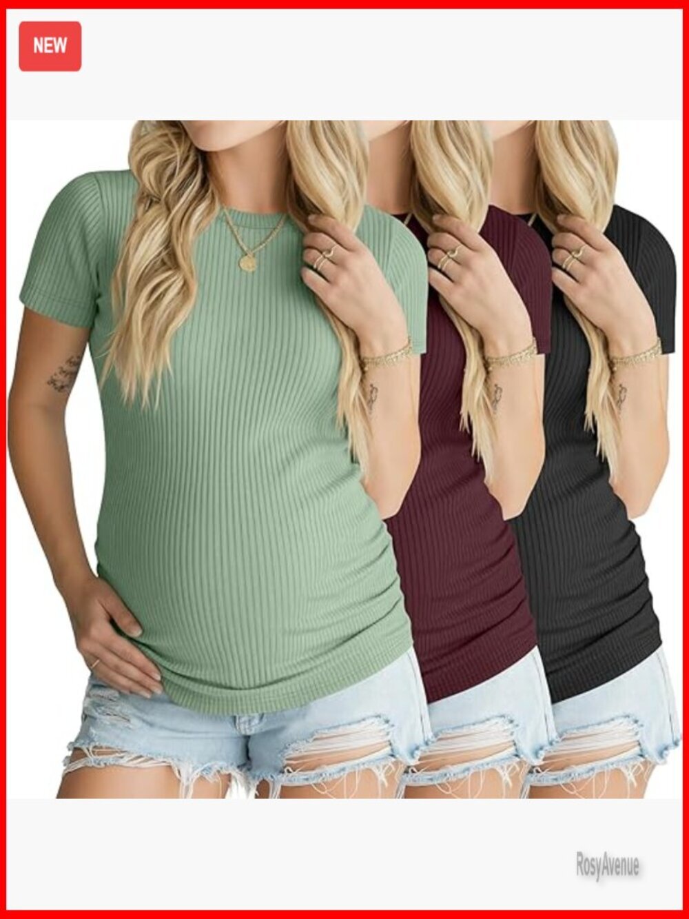 3 Pack Maternity T-Shirts Short Sleeve Ribbed Crew Neck Pregnancy Tops